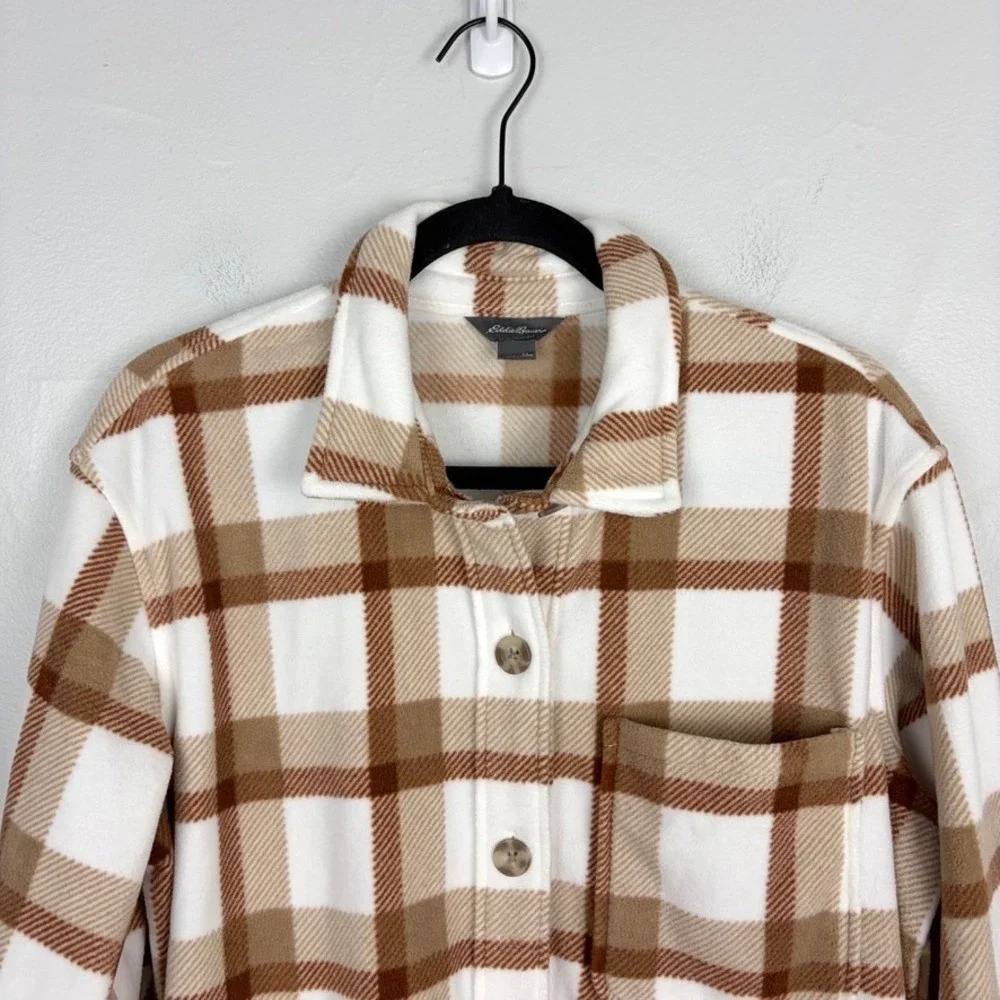 Eddie‎ Bauer Microfleece Tan Plaid Button Down Shacket Fleece Outdoor Medium - Picture 3 of 10